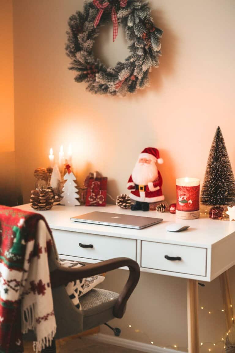 Modern Home Office Corner with Santa Figurine and Wreath Modern Home Office Corner with Santa Figurine and Wreath — Christmas Home Office Decor