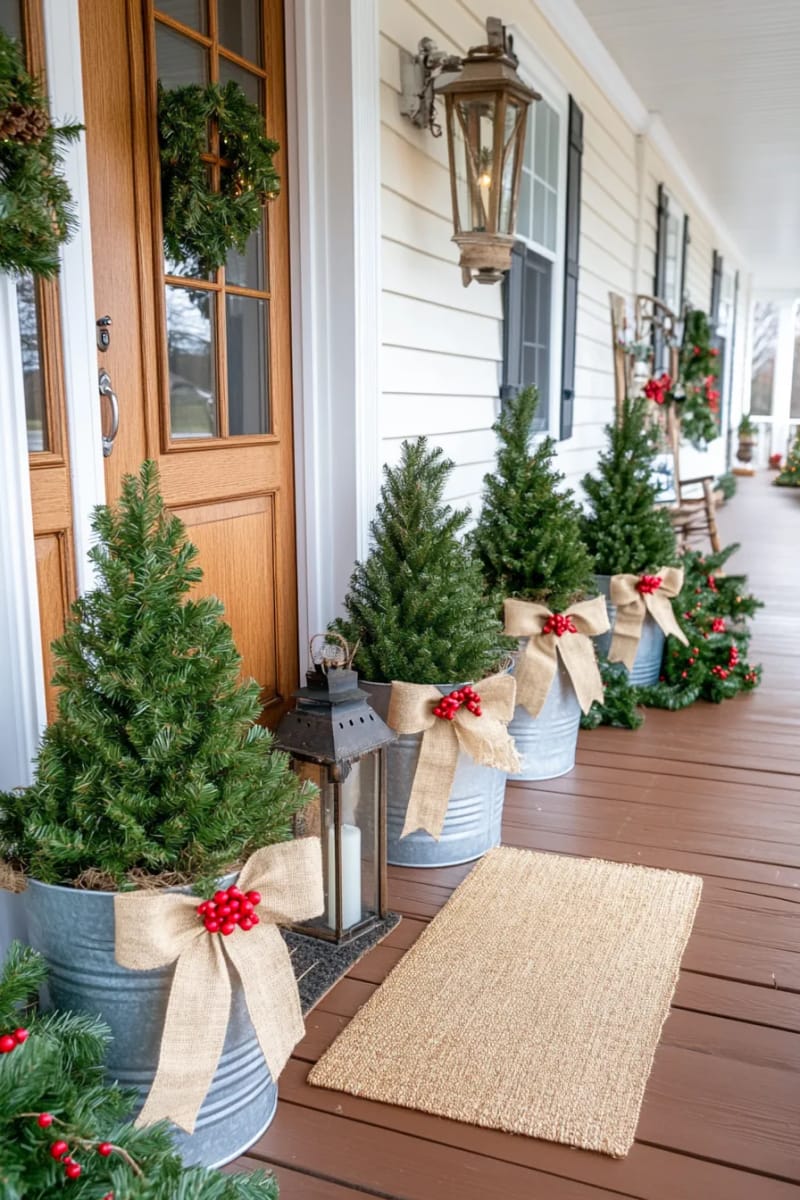 Farmhouse Porch with Potted Trees in Galvanized Metal Pots Farmhouse Porch with Potted Trees in Galvanized Metal Pots — Small Christmas Porch