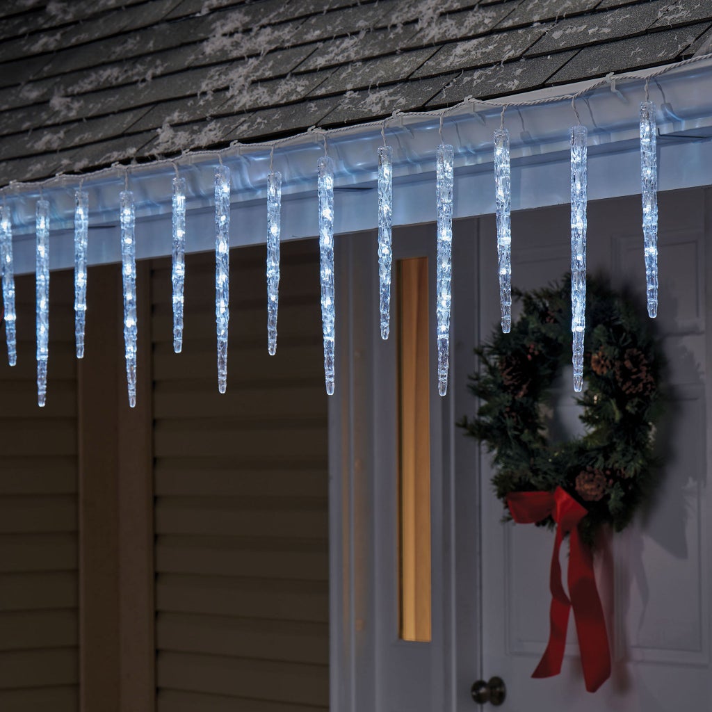 Realistic Icicle Lights Above Doorway with Wreath — Icicle Christmas Lights