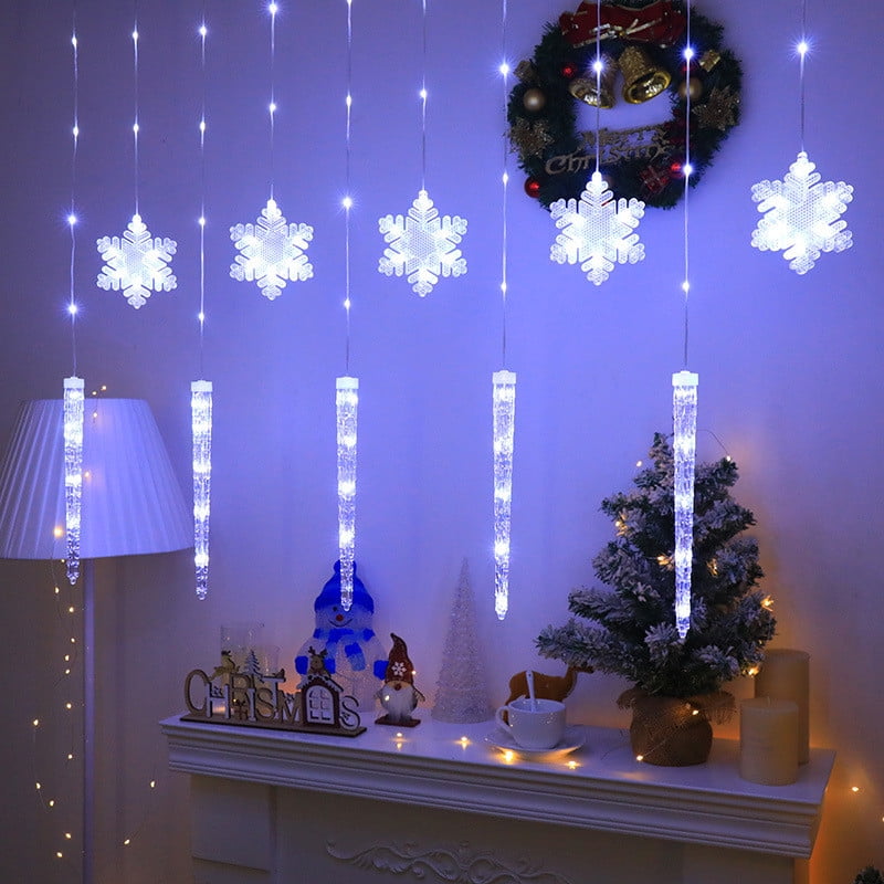 Wintery Blue and White Icicle Lights Above a Mantel — Icicle Christmas Lights