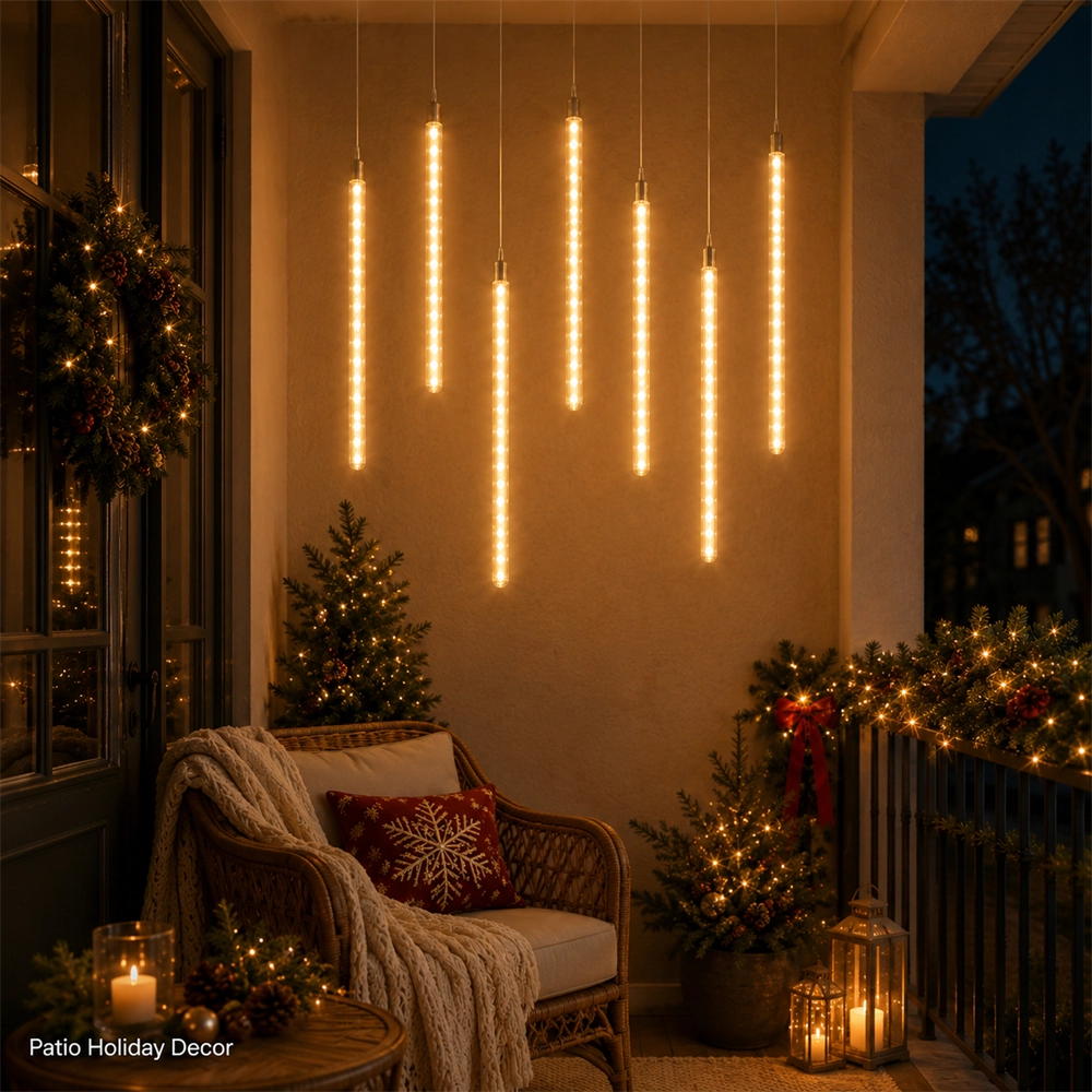 Festive Vertical Tube Lights on a Covered Porch — Icicle Christmas Lights
