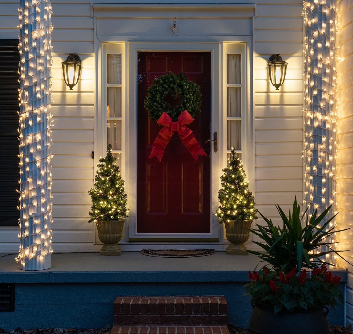 Traditional Porch with Warm White Lights and Red Accents — Christmas Door Frame Lights