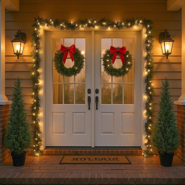 Double Door Frame Adorned with Garland and Twinkling Lights — Christmas Door Frame Lights