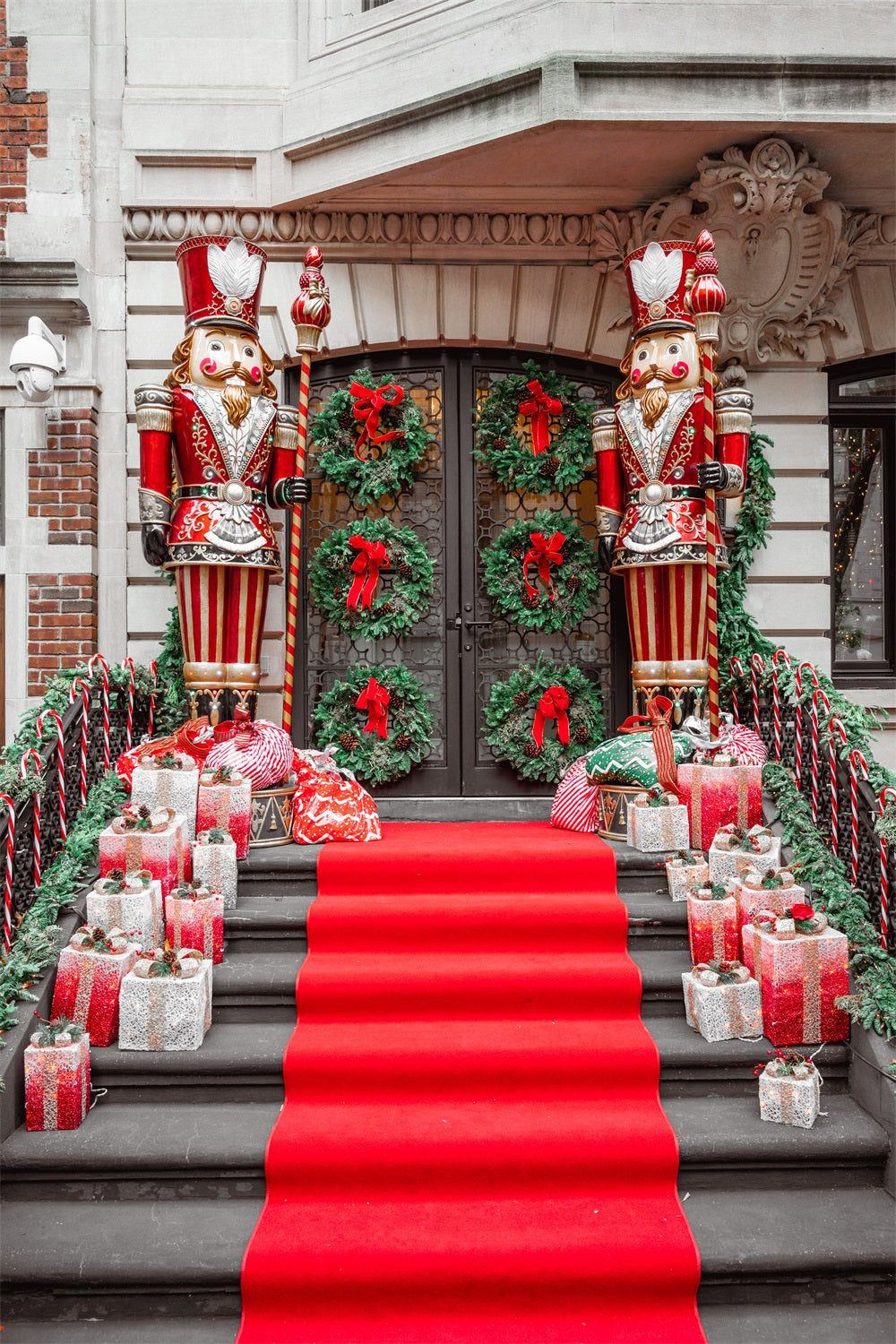 Grand Entrance with Nutcracker Figures and Wreaths Grand Entrance with Nutcracker Figures and Wreaths — Christmas Party Backdrop