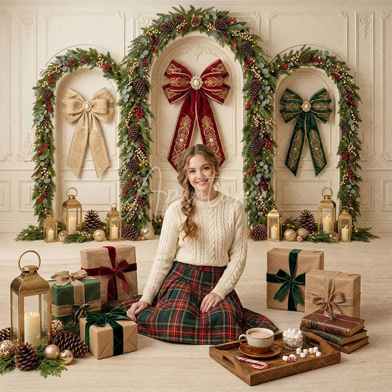 Arched Sections with Garlands, Bows, and Lanterns Arched Sections with Garlands, Bows, and Lanterns — Christmas Party Backdrop