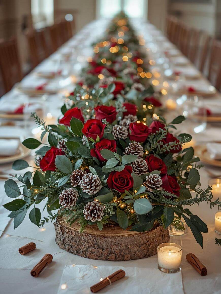 Rustic Wood Slice Centerpiece with Red Roses and Pinecones Rustic Wood Slice Centerpiece with Red Roses and Pinecones — Christmas Wedding Centerpiece