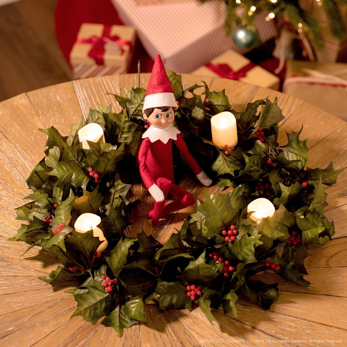 Whimsical Holly Wreath with LED Candles and Elf Figurine Whimsical Holly Wreath with LED Candles and Elf Figurine — Advent Wreath