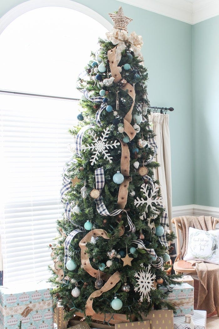Farmhouse Tree with Blue, White, and Burlap Accents — Rustic Christmas Tree