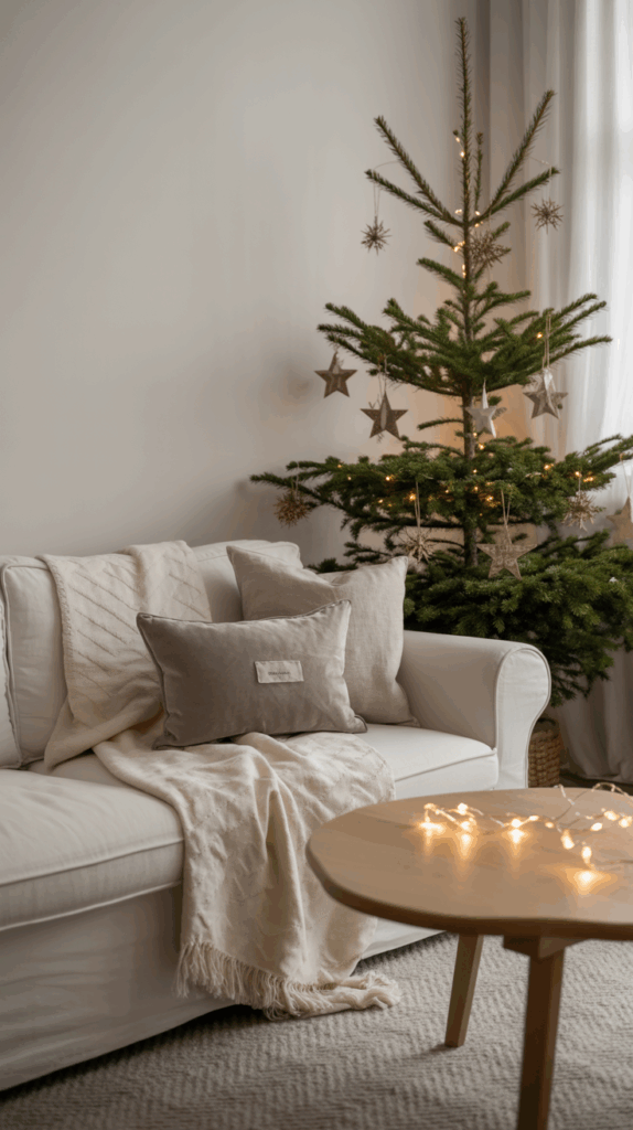 Scandi-Style Tree with Star Ornaments and Linen Sofa — Minimalist Christmas Tree