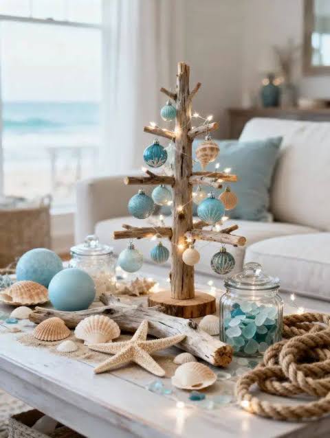 Miniature Tabletop Driftwood Tree with Teal Accents — Coastal Christmas Tree