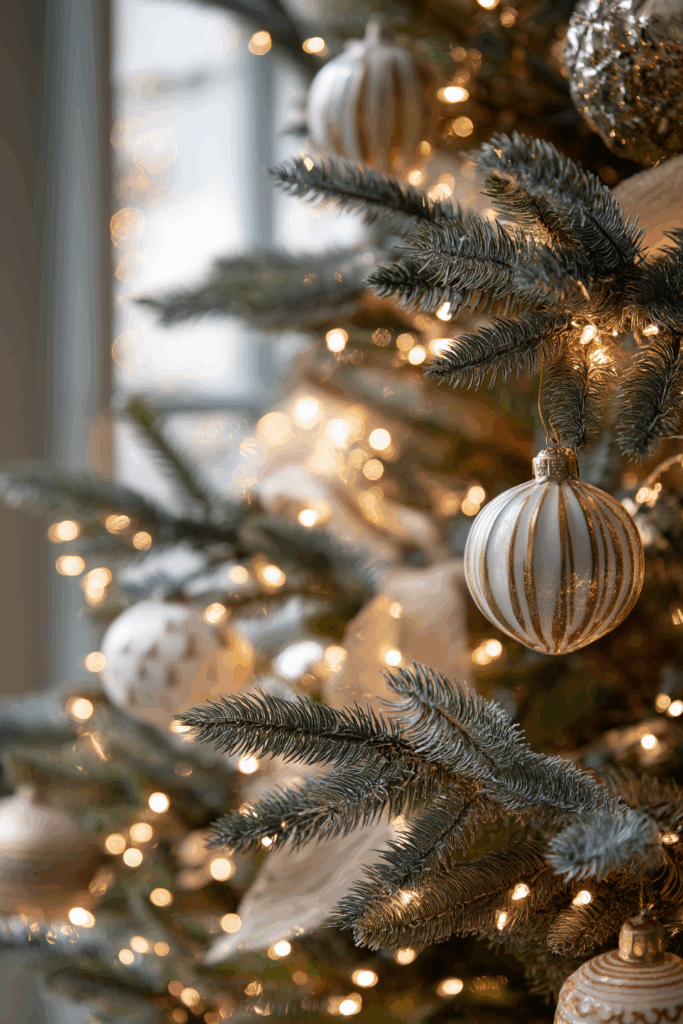 Christmas Tree Branch with Gold and White Ornament and Fairy Lights — Neutral Christmas Tree