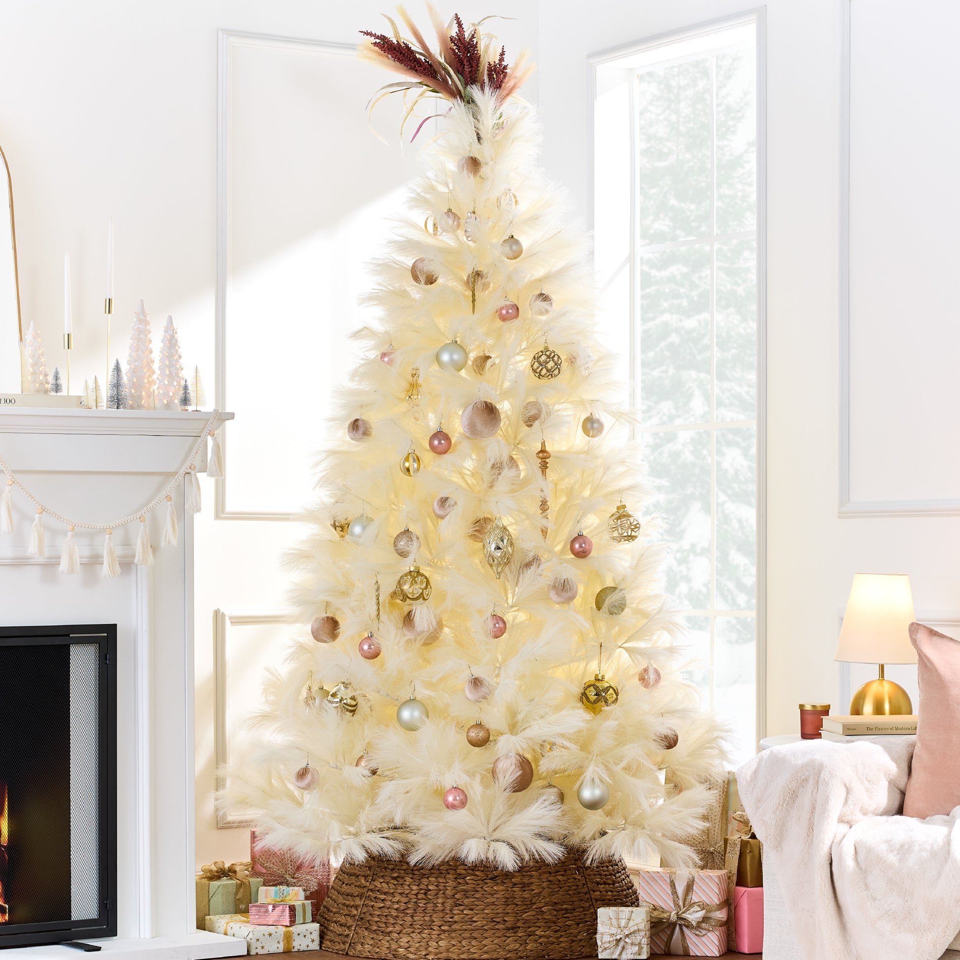 Boho inspired ivory pampas grass Christmas tree Boho inspired ivory pampas grass Christmas tree — Gold and White Christmas Tree
