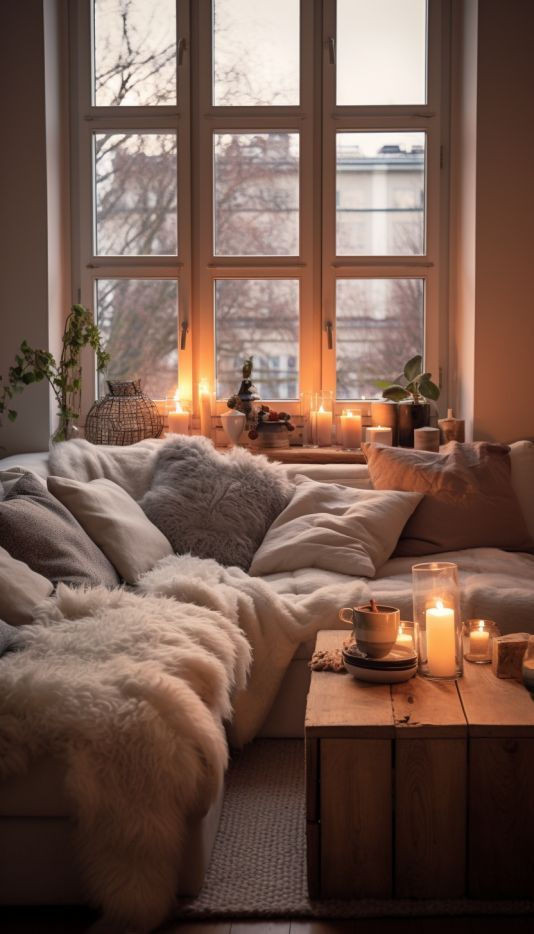 Cozy Window Seat with Plush Pillows and Sheepskin Throws Cozy Window Seat with Plush Pillows and Sheepskin Throws — Winter Home Decor
