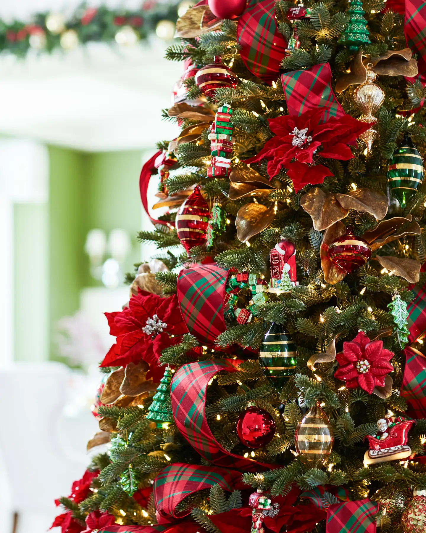 Festive Red and Green Plaid Ribbon Woven Through Pine Branches Festive Red and Green Plaid Ribbon Woven Through Pine Branches — Red and Green Christmas Tree