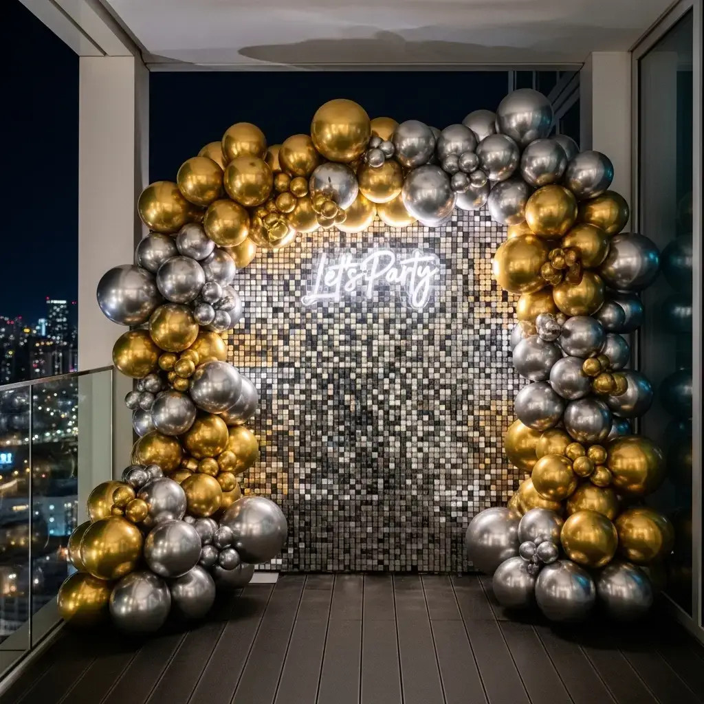 Design a Showstopping Outdoor Party Entrance with a Gold Balloon Arch Design a Showstopping Outdoor Party Entrance with a Gold Balloon Arch — Gold New Years Eve Decor