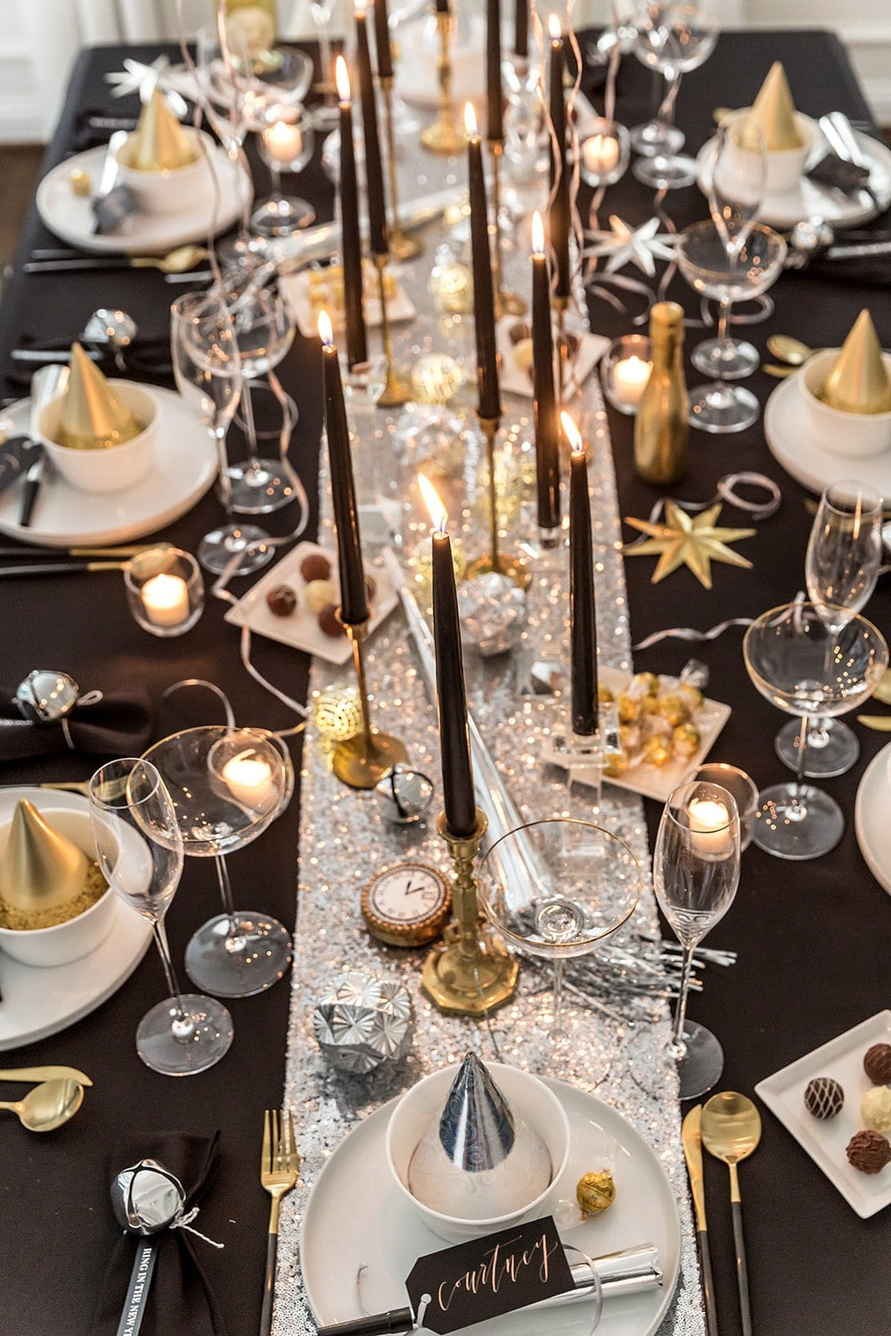 Glamorous Black and Gold Tablescape with Sequin Runner — New Years Eve Table Decor