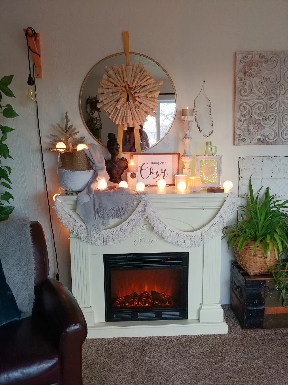 Cozy Boho Mantel with Macrame, String Lights, and Natural Textures — Winter Mantel Decor
