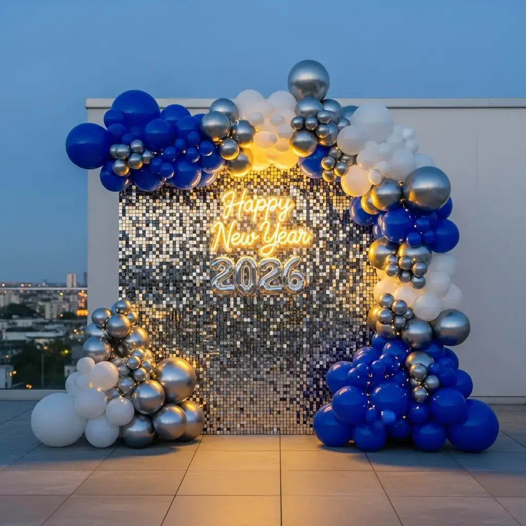 Rooftop Ambiance with a Neon 'Happy New Year' Sign and Balloon Arch — New Years Eve Party Decor