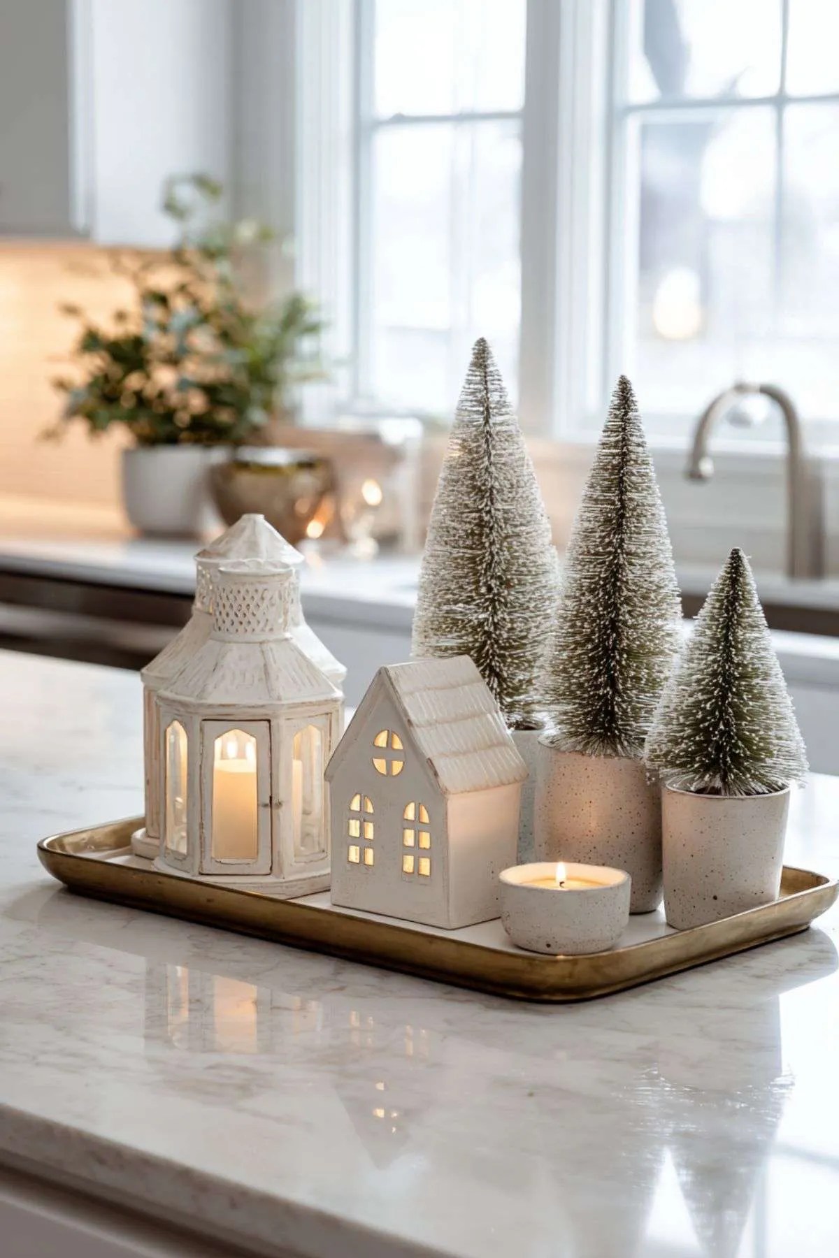 Charming Kitchen Island Candle Vignette with Lantern and Ceramic House Charming Kitchen Island Candle Vignette with Lantern and Ceramic House — Christmas Candle Decor