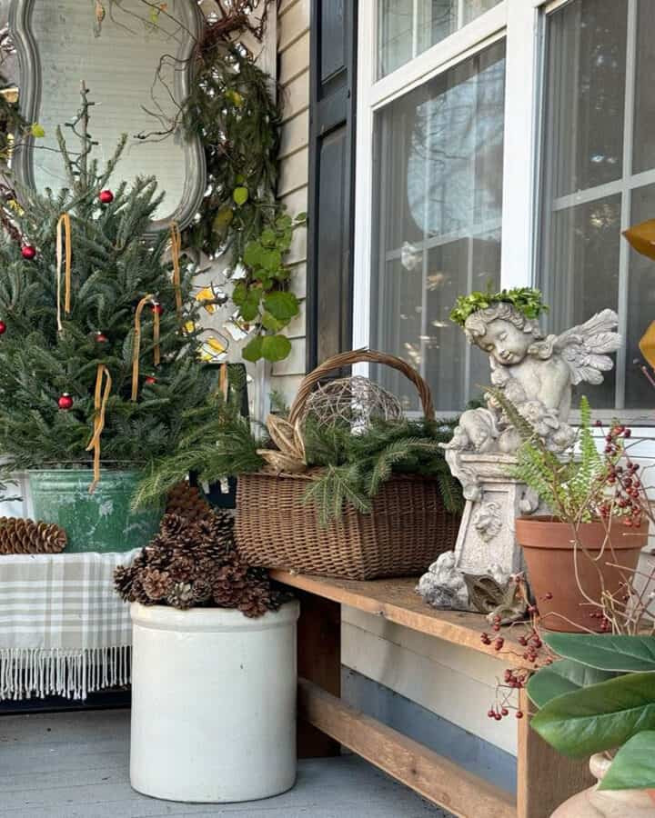 Charming Christmas Tree Vignette on a Wooden Bench Charming Christmas Tree Vignette on a Wooden Bench — Winter Porch Decor