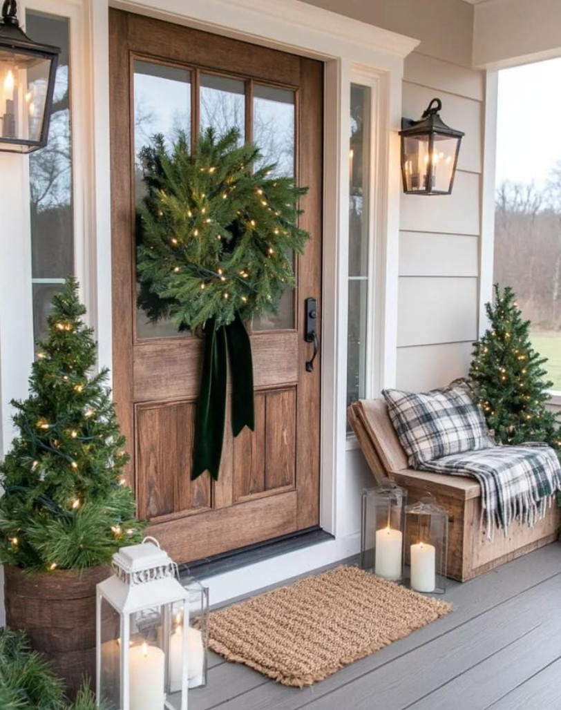 Cozy Lit Door Decor with Mini Christmas Trees and Plaid Cozy Lit Door Decor with Mini Christmas Trees and Plaid — Winter Front Door Decor
