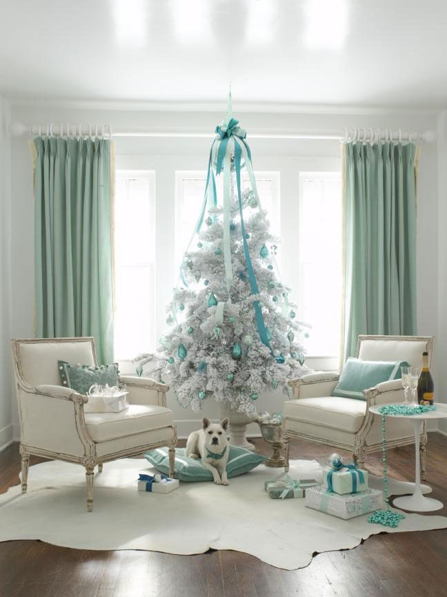Elegant White Flocked Christmas Tree with Teal Accents Elegant White Flocked Christmas Tree with Teal Accents — Coastal Christmas Decor