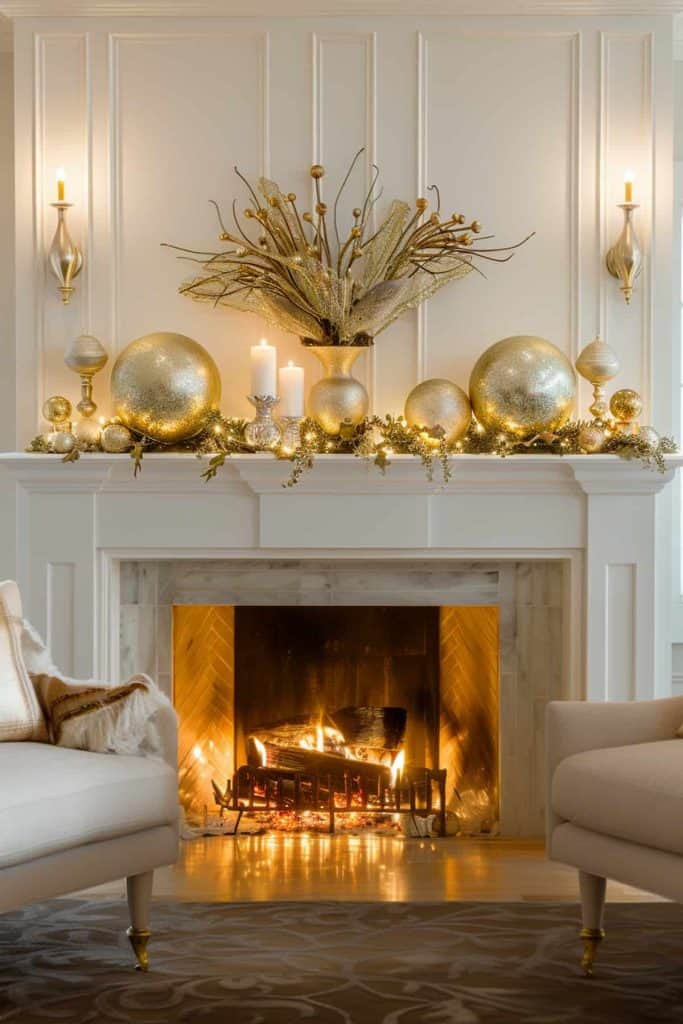 Luxurious Winter Mantel with Oversized Gold Ornaments and Twinkling Lights — Winter Mantel Decor