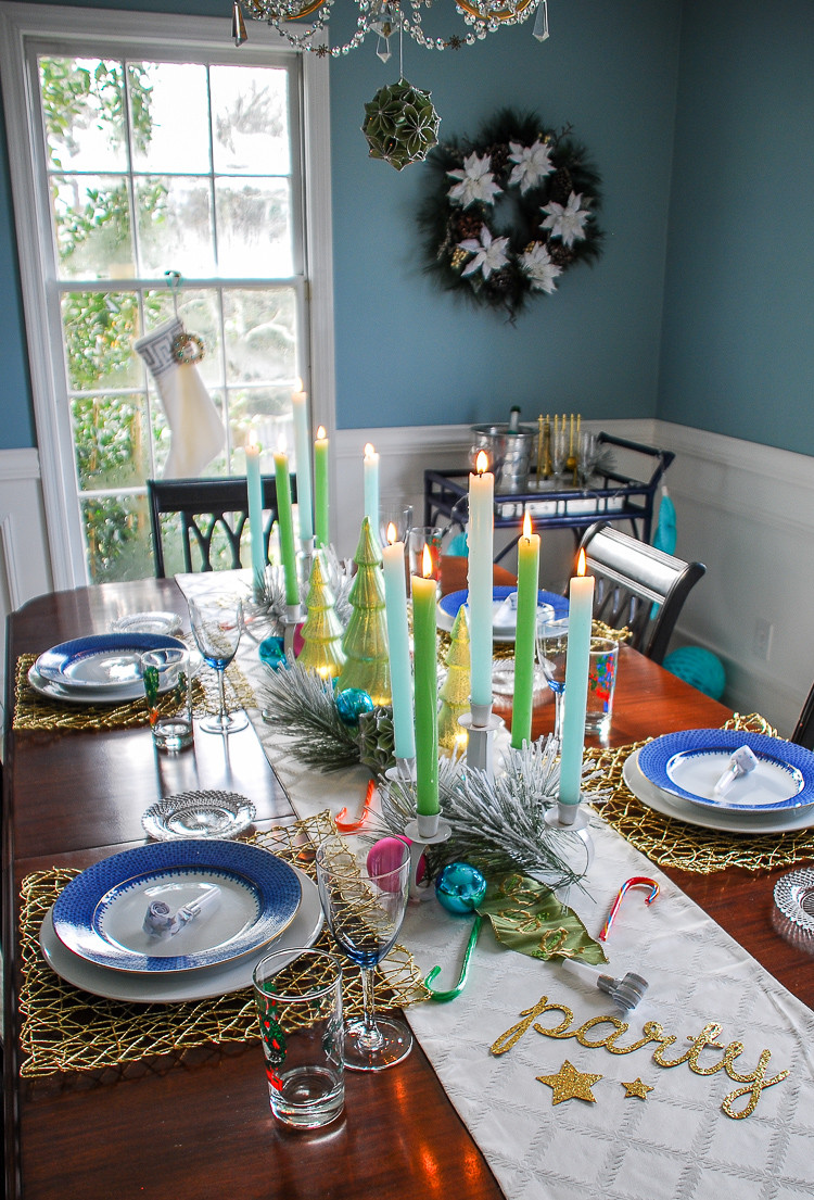Festive Dining Table with 'Party' Runner and Blue Accents — New Years Eve Table Decor