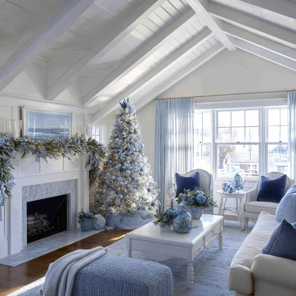 Spacious Living Room with Flocked Blue and Silver Tree Spacious Living Room with Flocked Blue and Silver Tree — Blue and Silver Christmas Tree