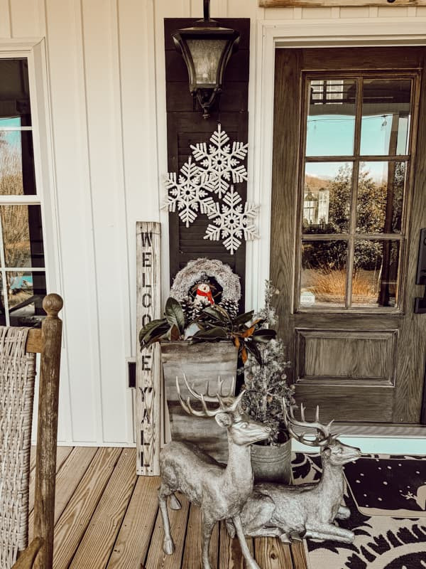 Farmhouse Porch with Metallic Deer and Snowman Wreath Farmhouse Porch with Metallic Deer and Snowman Wreath — Winter Front Door Decor