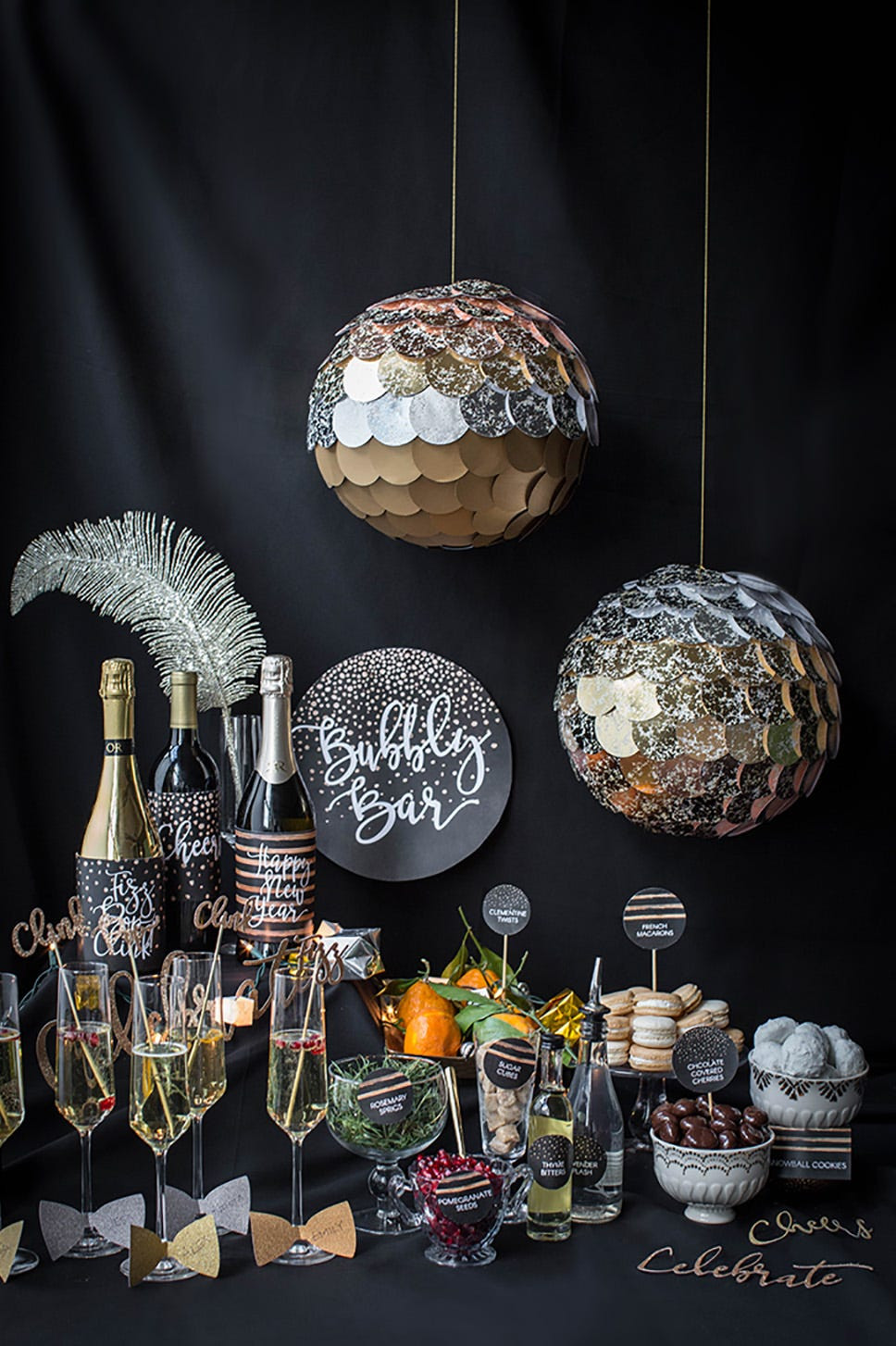 Glamorous Bar Setup with Sequined Spheres and Champagne — New Years Eve Table Decor
