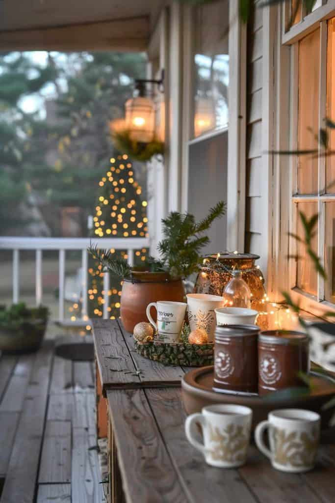 Rustic Tabletop Vignette with Mugs and String Lights Rustic Tabletop Vignette with Mugs and String Lights — Winter Porch Decor