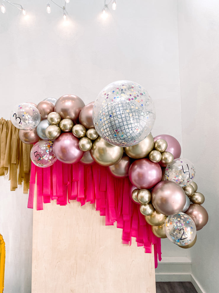 Festive Balloon Garland with Numbered Balloons and Disco Ball Accents Festive Balloon Garland with Numbered Balloons and Disco Ball Accents — New Years Eve Balloon Garland