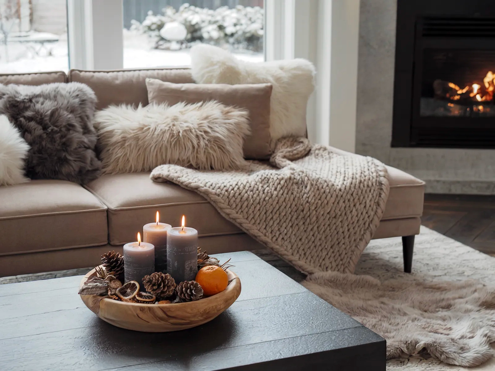 Textured Pillows and Knit Blanket on a Neutral Sofa Textured Pillows and Knit Blanket on a Neutral Sofa — Winter Home Decor