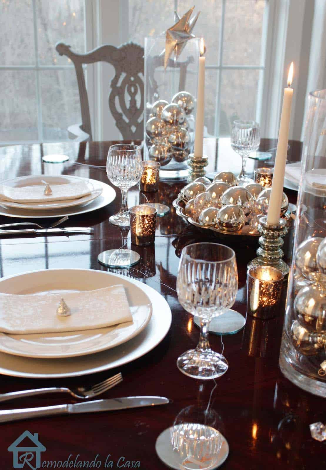 Traditional New Year's Eve Table Setting with Ornament Vases — New Years Eve Table Decor