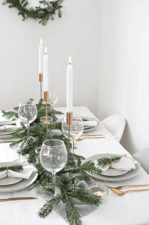 Minimalist Scandinavian Table with Fir Branch Runner — New Years Eve Table Decor