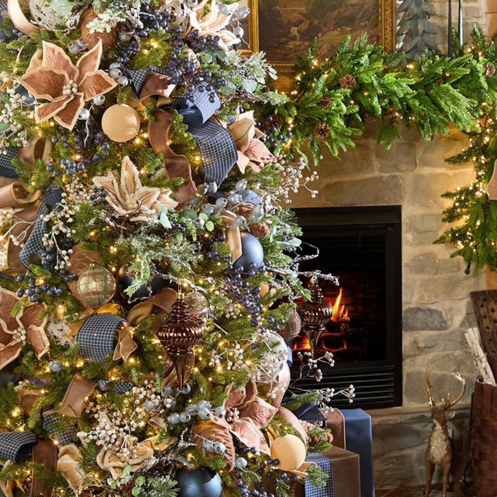 Cozy Evening Scene with Blue/Silver Tree by Stone Fireplace Cozy Evening Scene with Blue/Silver Tree by Stone Fireplace — Blue and Silver Christmas Tree