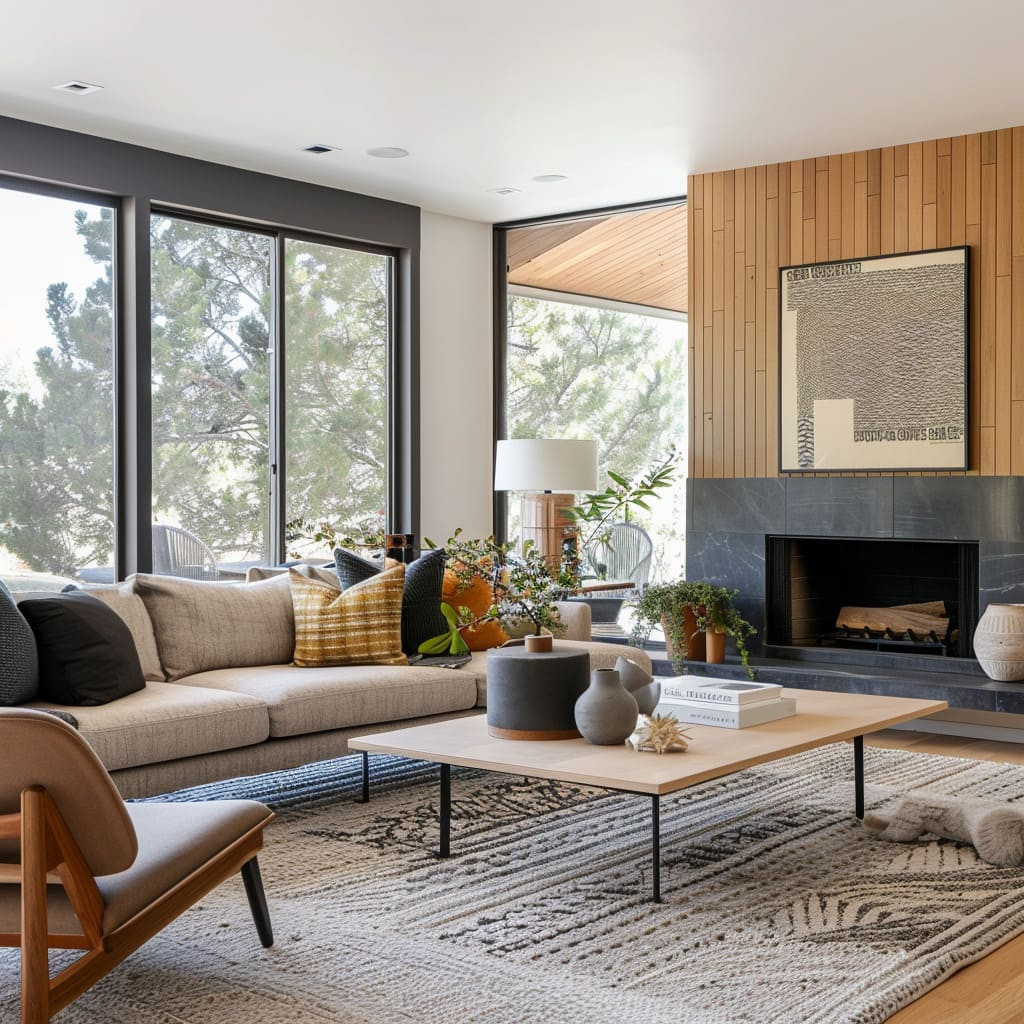 Modern Hygge Living Room with Wood Paneling and Slate Fireplace — Hygge Home Decor