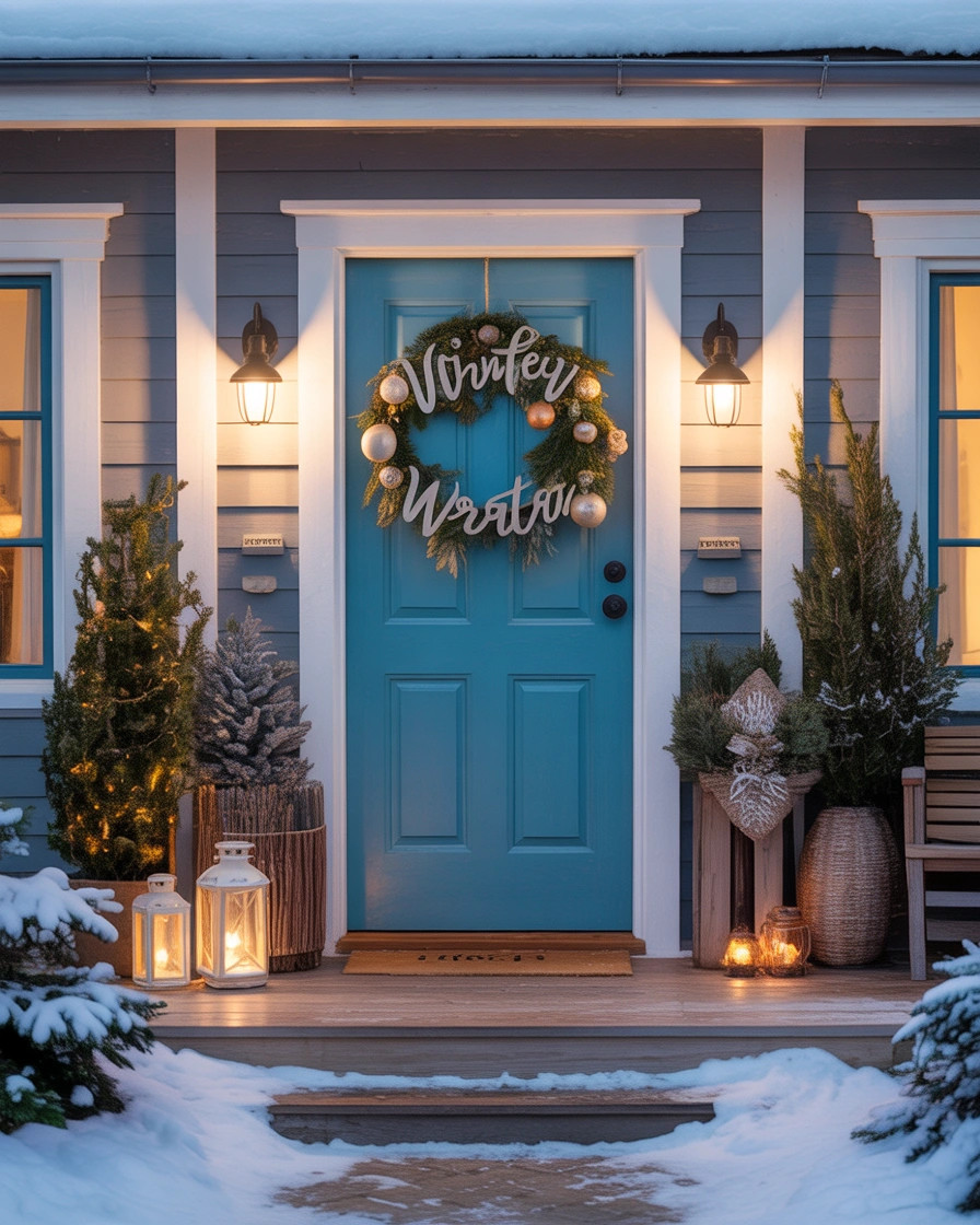 Vibrant Blue Door with Festive Wreath and Snow-Dusted Porch Vibrant Blue Door with Festive Wreath and Snow-Dusted Porch — Winter Front Door Decor