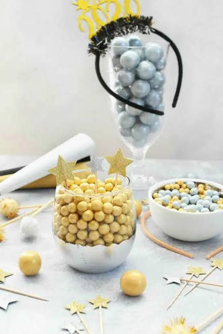 Compact Gold and Silver Candy Vignette Compact Gold and Silver Candy Vignette — New Years Eve Dessert Table