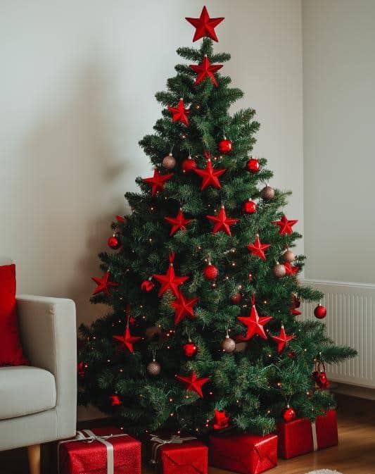 Classic Red Star Topper and Gifts Beneath a Green Christmas Tree Classic Red Star Topper and Gifts Beneath a Green Christmas Tree — Red and Green Christmas Tree