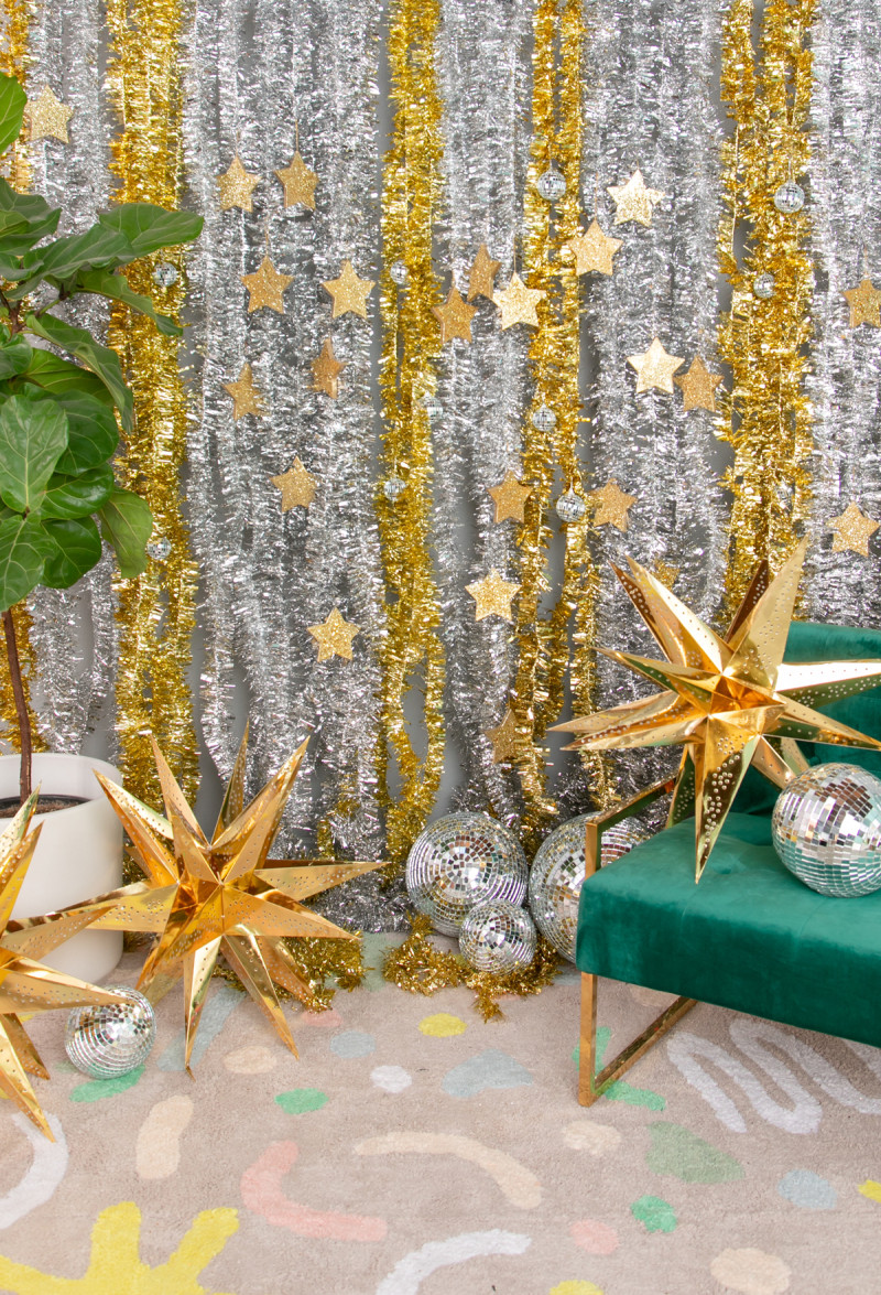 Glamorous Tinsel Fringe Backdrop with Disco Ball Accents — New Years Eve Backdrop
