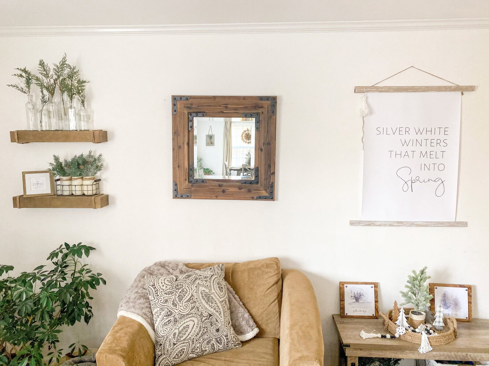 Cozy Armchair and Shelving with Winter Greenery Cozy Armchair and Shelving with Winter Greenery — Winter Home Decor