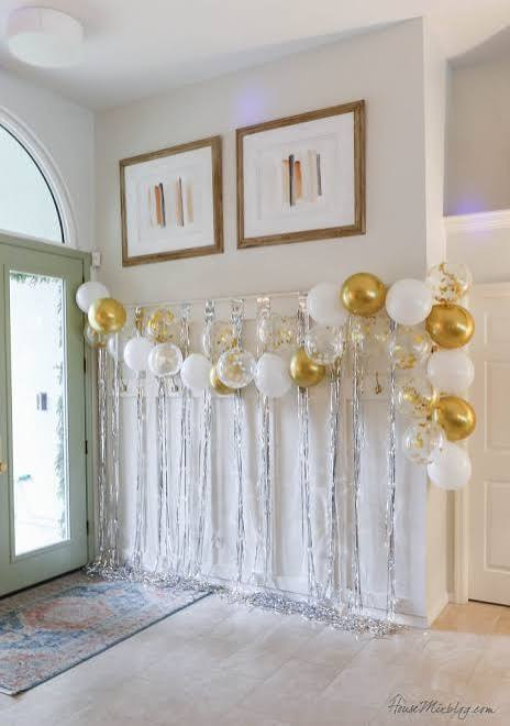 Entryway New Year's Eve Balloon Garland with Metallic Fringe Curtains Entryway New Year's Eve Balloon Garland with Metallic Fringe Curtains — New Years Eve Balloon Garland