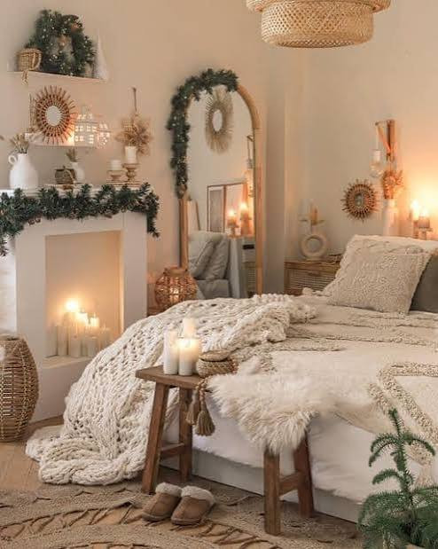 Boho Hygge Bedroom with Textured Bedding and Candlelight — Hygge Home Decor