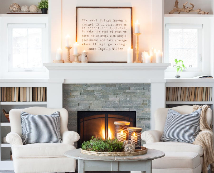 Farmhouse Mantel with a Centered Quote and Abundant Candles — Winter Mantel Decor