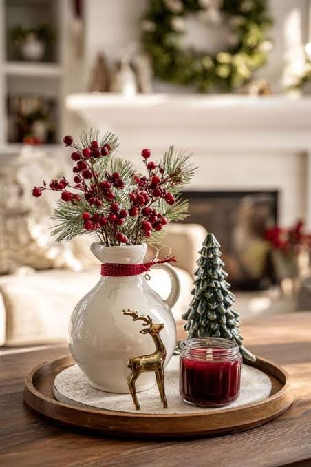 Festive Tray Vignette with Red Candle, Deer Figurine, and Greenery Festive Tray Vignette with Red Candle, Deer Figurine, and Greenery — Christmas Candle Decor