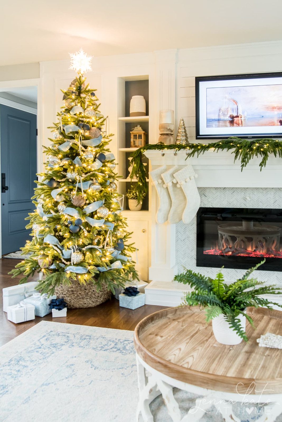 Modern Farmhouse Tree with Blue/Silver Ribbon and Fireplace Modern Farmhouse Tree with Blue/Silver Ribbon and Fireplace — Blue and Silver Christmas Tree