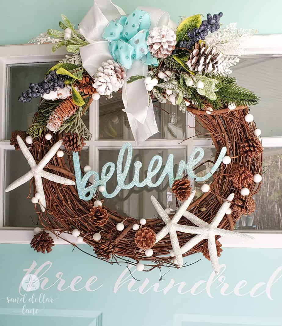 Grapevine Christmas Wreath with Starfish and 'Believe' Grapevine Christmas Wreath with Starfish and 'Believe' — Coastal Christmas Decor
