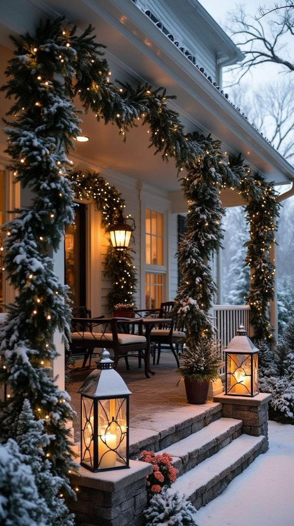 Cozy Winter Porch Draped in Snow-Covered Garland and Twinkling Lights Cozy Winter Porch Draped in Snow-Covered Garland and Twinkling Lights — Winter Porch Decor